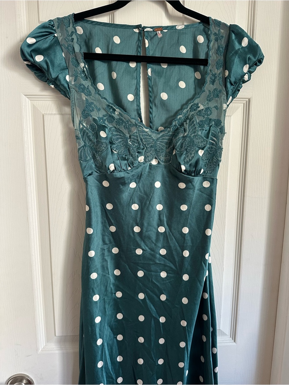Free People Teal Polka Dot Lace Trim Midi Dress